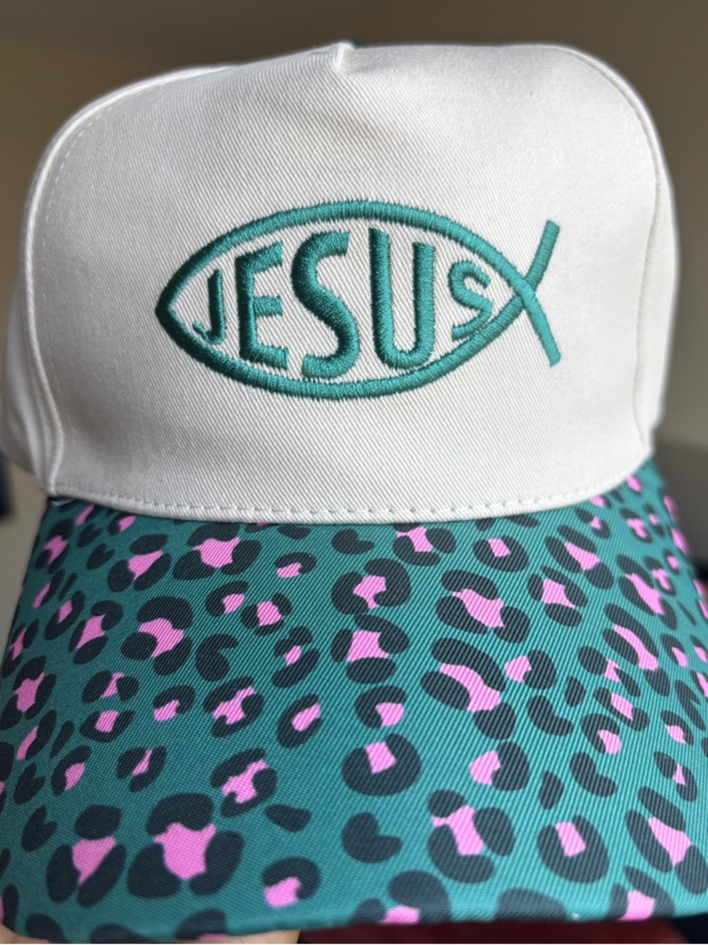 JESUS Embroidered Trucker Hat with Teal & Pink Leopard Brim - Picture 2 of 3